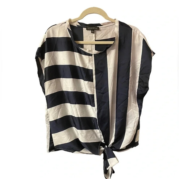 BANANA REPUBLIC NAVY BLUE STRIPED TIE FRONT BLOUSE - Picture 1 of 5